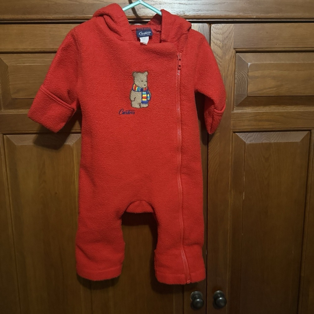 VTG Carter's Red Pram Suit 0-6 Month Warm Fleece Fold-Over Hands Feet Christmas